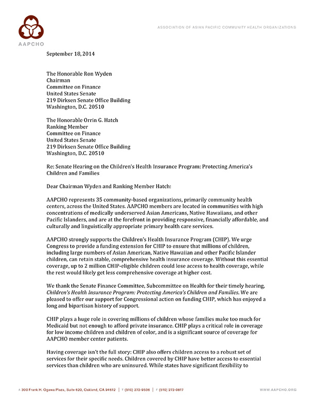 CHIP Senate Committee On Finance Letter AAPCHO
